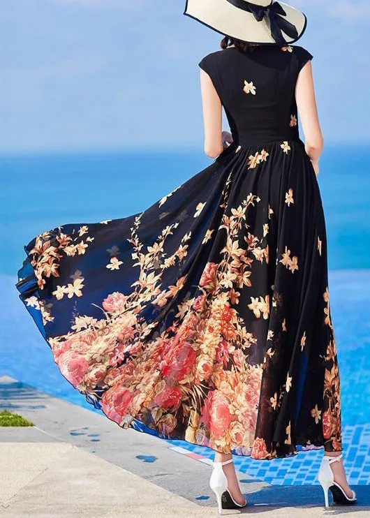 Slim Fit Black O-Neck Print Chiffon Long Dresses Summer AS1059