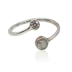 Sterling Silver Labradorite and Zirconia Ring from France- Size 6.5, Adjustable