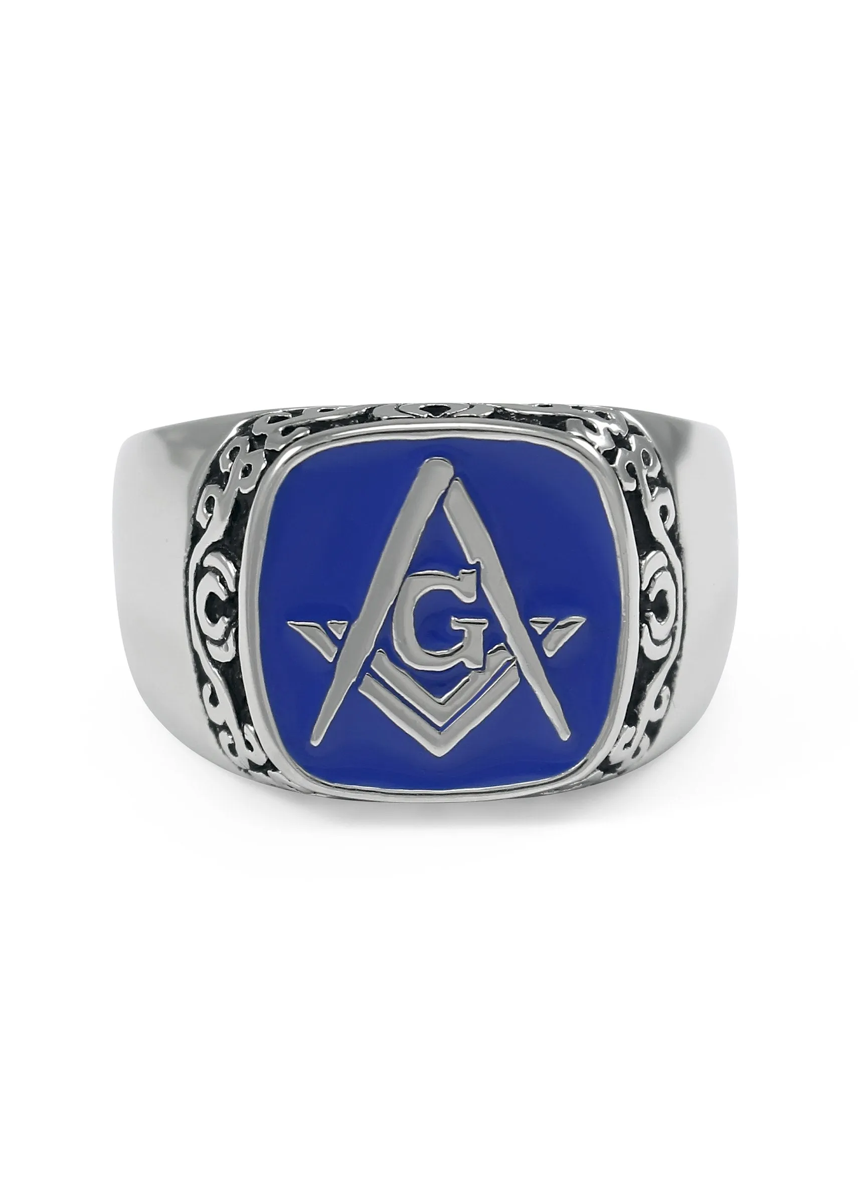 Sterling Silver Masonic Ring with Square and Compass & Blue Enamel