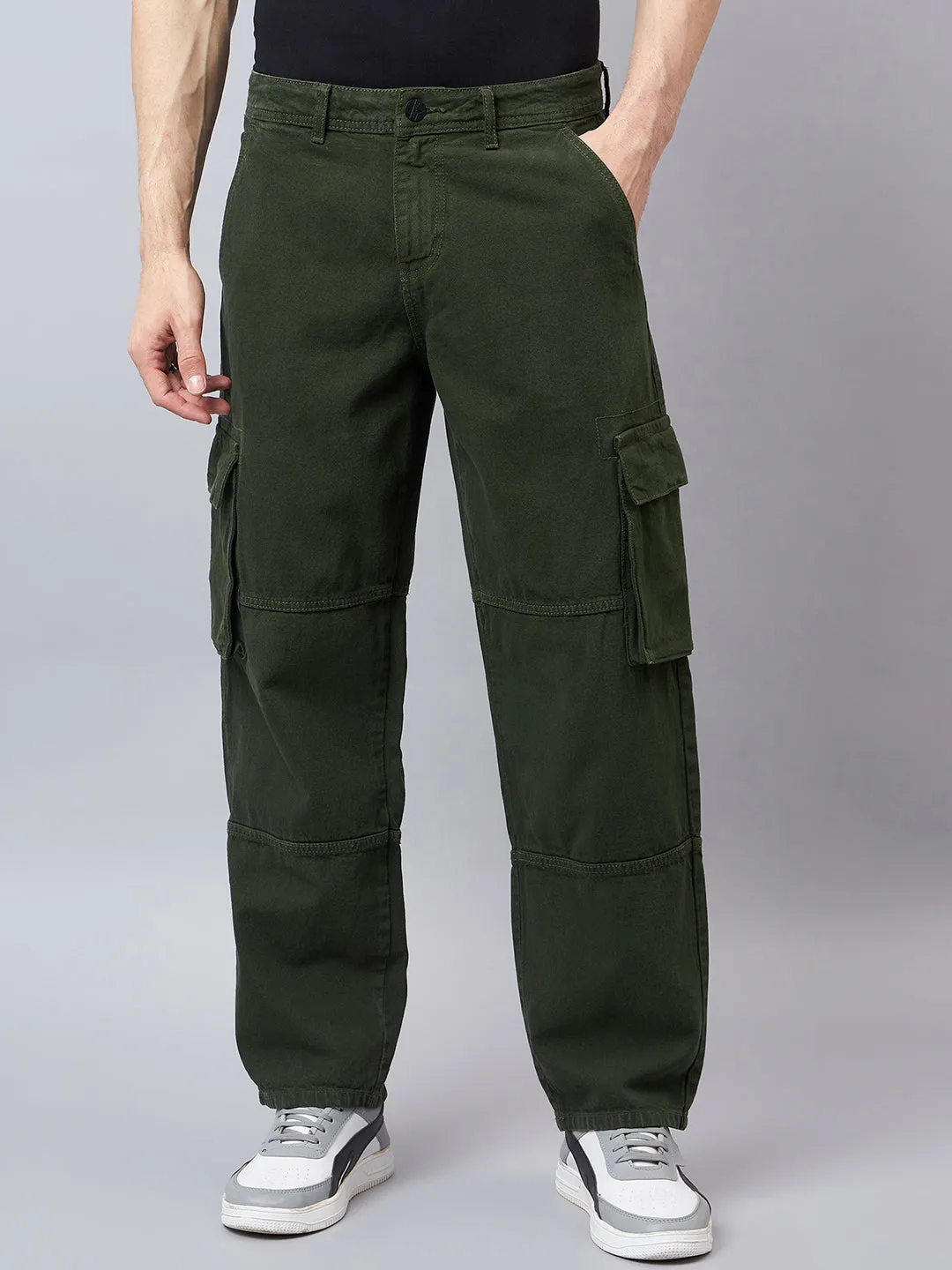 Style Quotient Men Olive Relaxed Fit Mid Rise Cargos