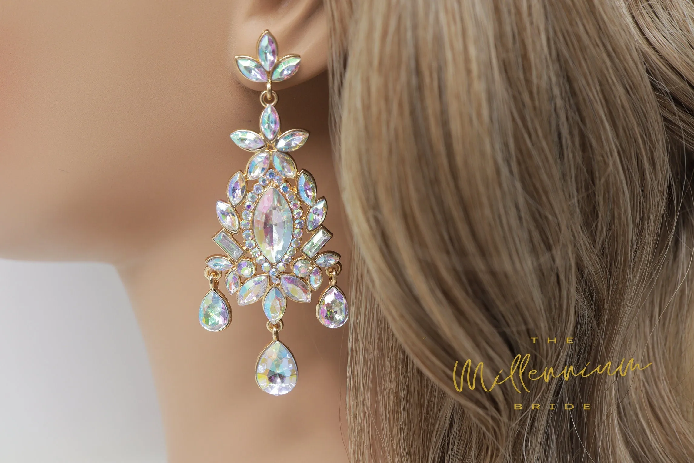 Swarovski AB Crystal Rainbow Bride Earrings, Long Bridal Earrings, Crystal Bridal Earrings, Statement Earrings, Gold Bride Earring.