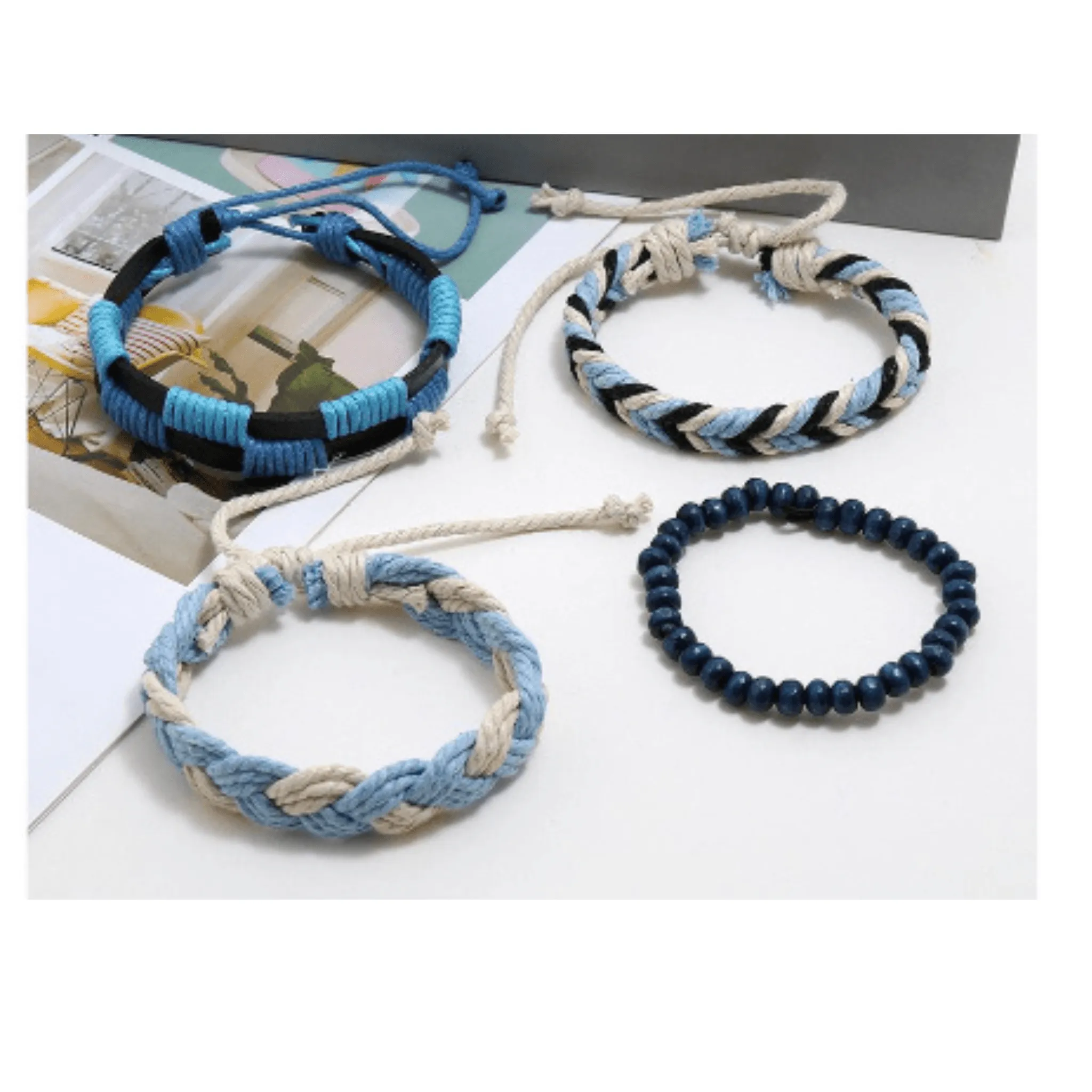 Sylale Woven Leather Blue Rope Four Piece Unisex Bracelet