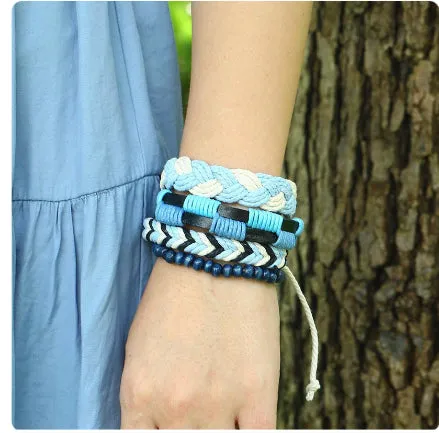 Sylale Woven Leather Blue Rope Four Piece Unisex Bracelet