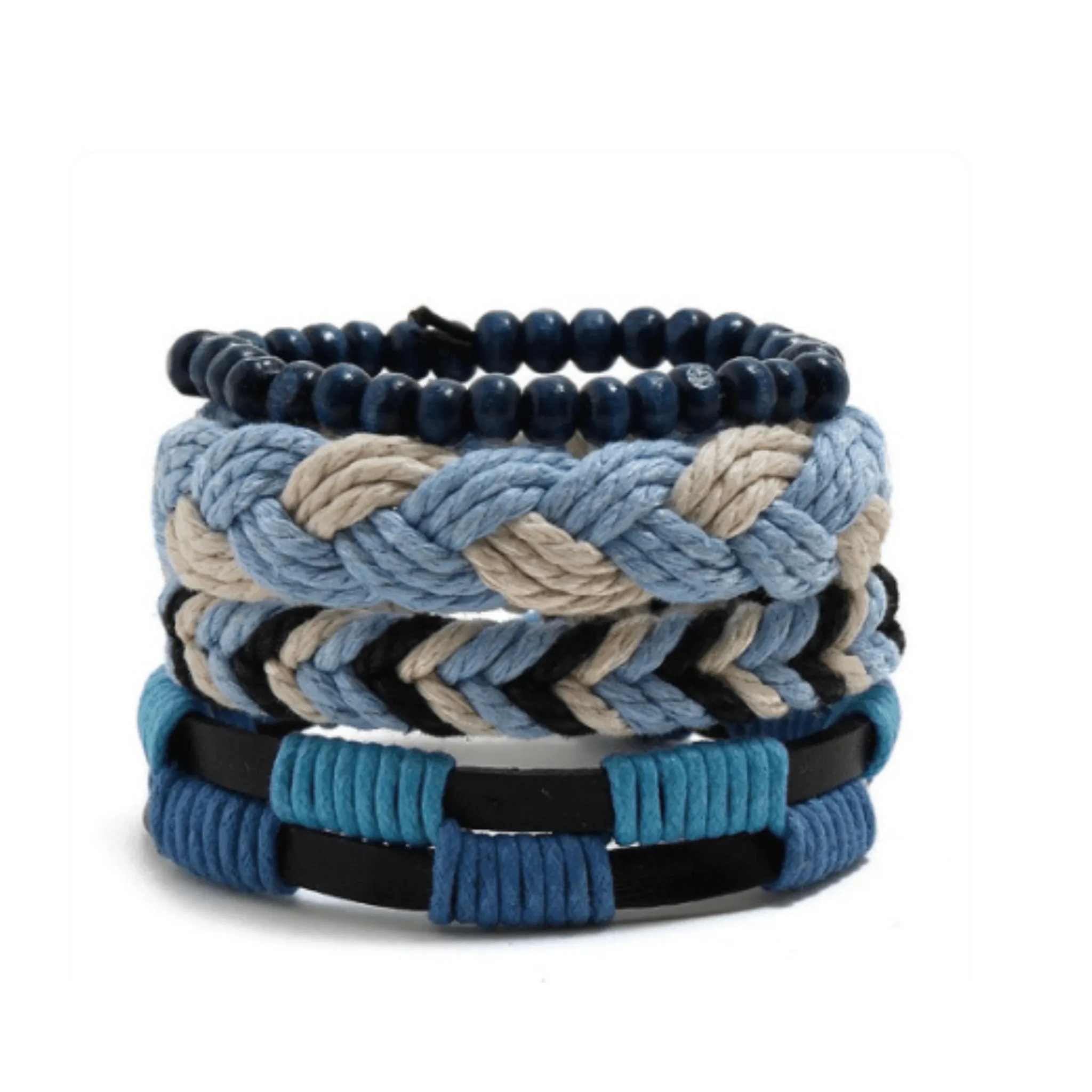 Sylale Woven Leather Blue Rope Four Piece Unisex Bracelet