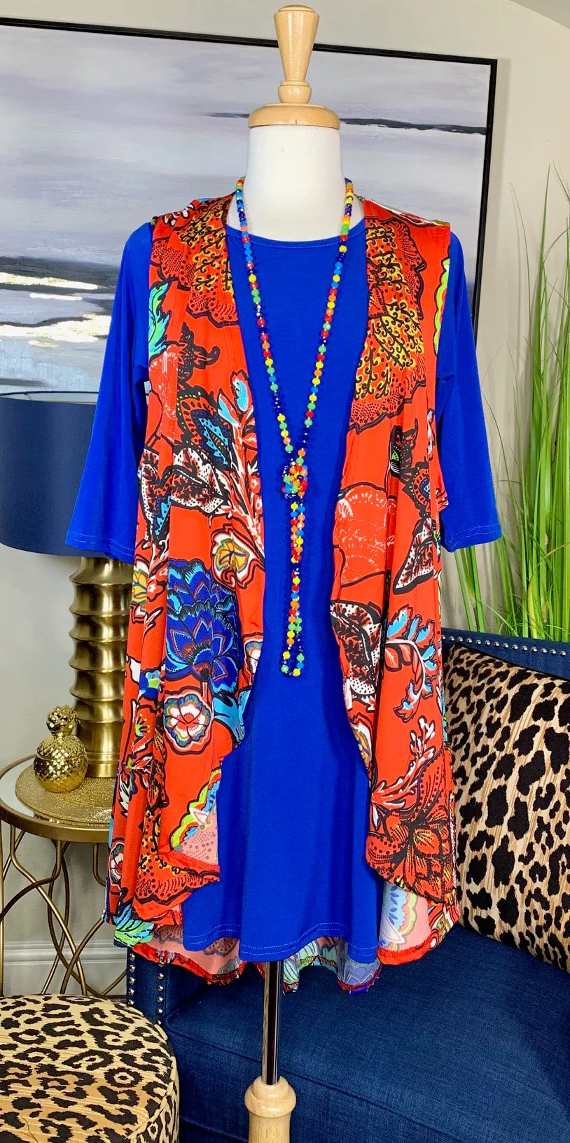 Tangerine Floral Long Drape Vest