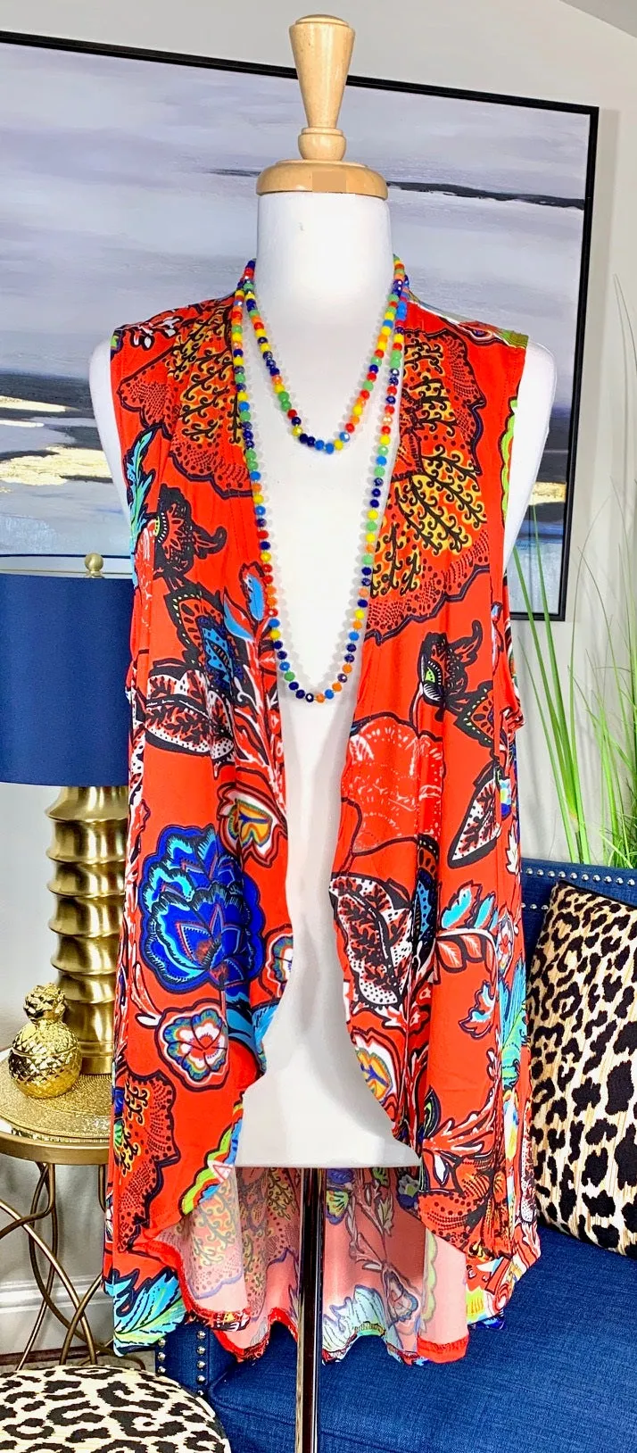 Tangerine Floral Long Drape Vest