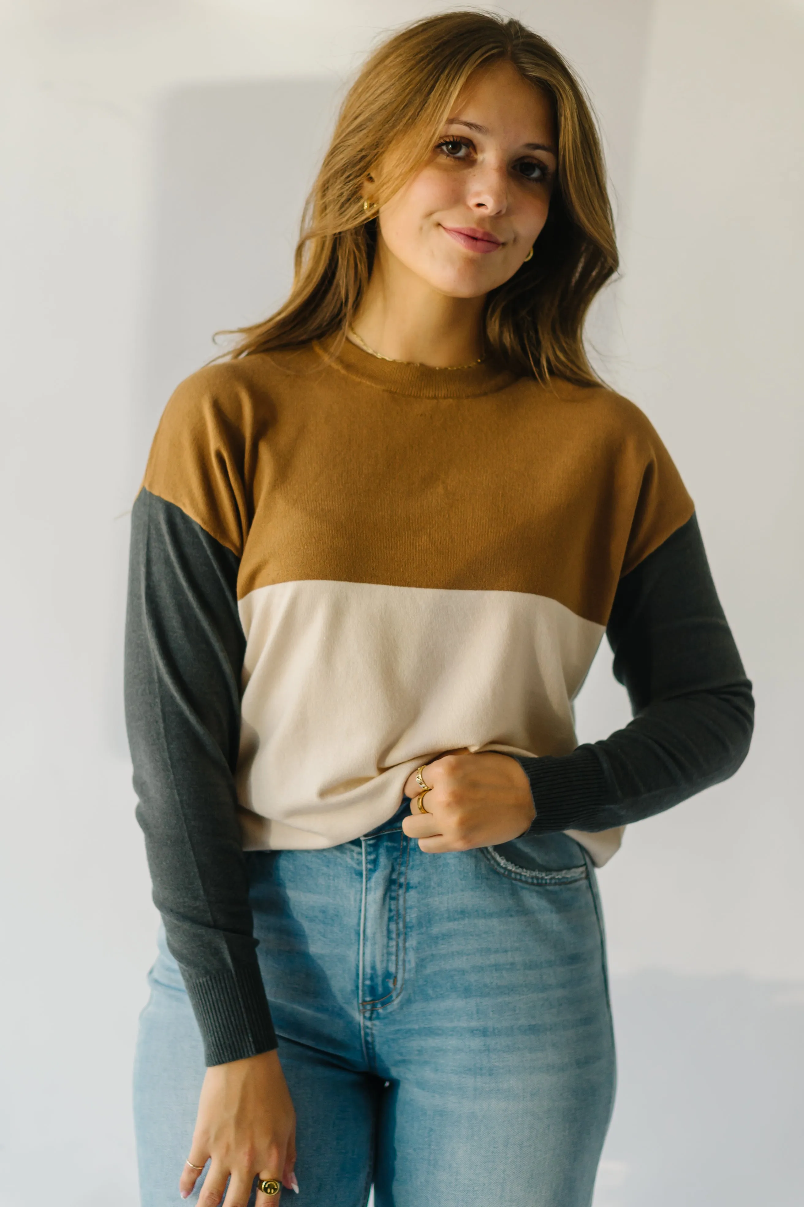 The Goodland Colorblock Sweater in Camel   Charcoal