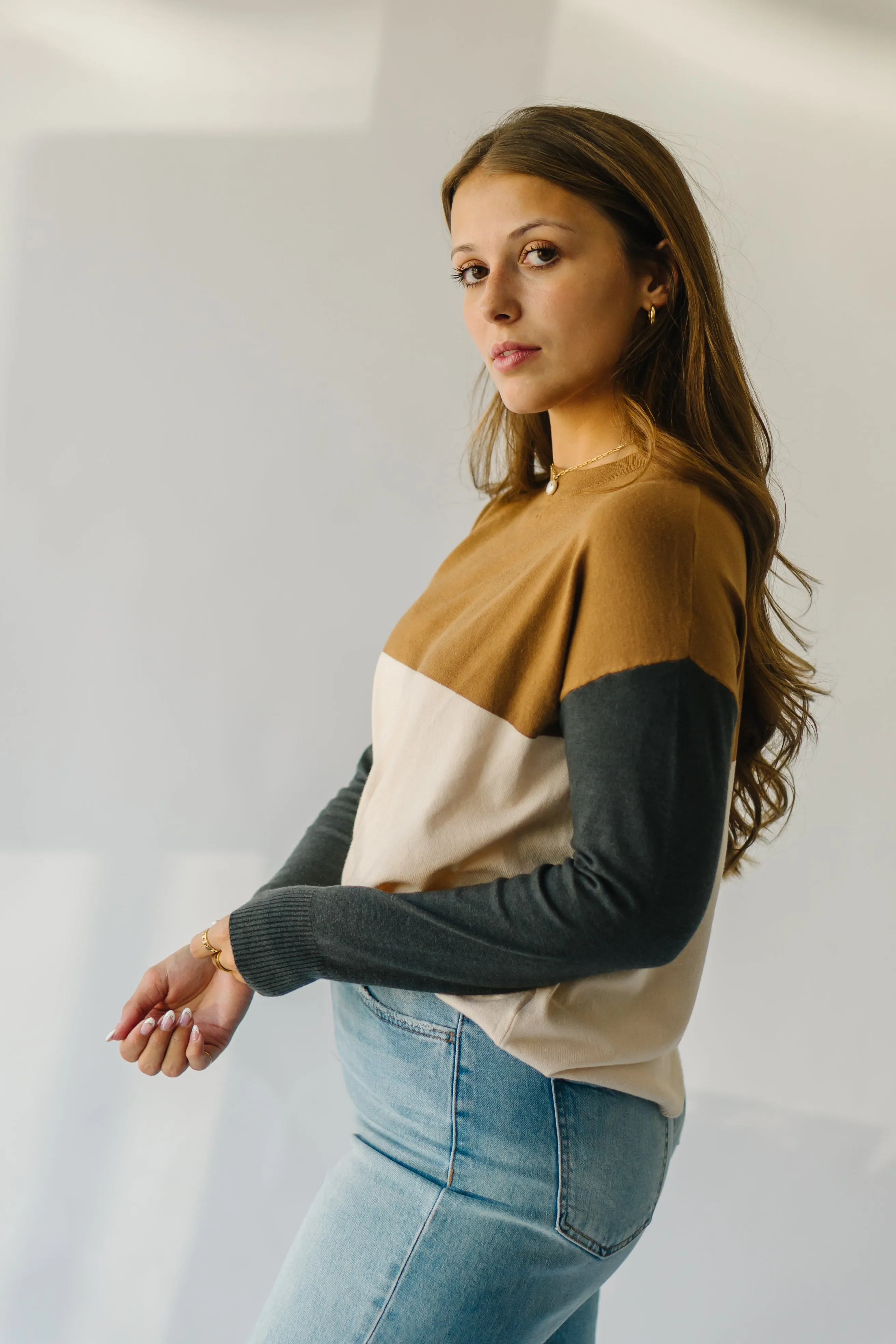 The Goodland Colorblock Sweater in Camel   Charcoal