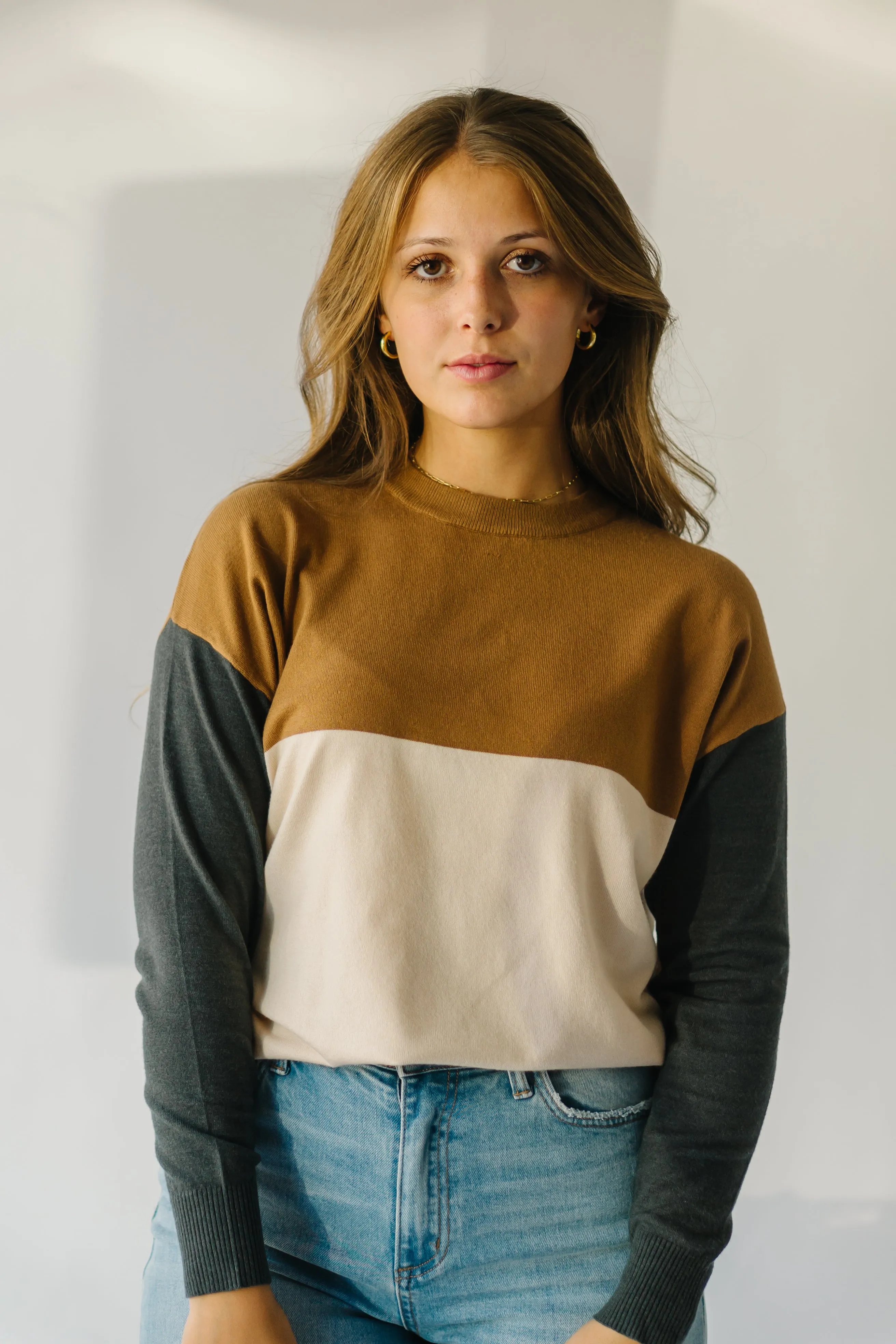 The Goodland Colorblock Sweater in Camel   Charcoal