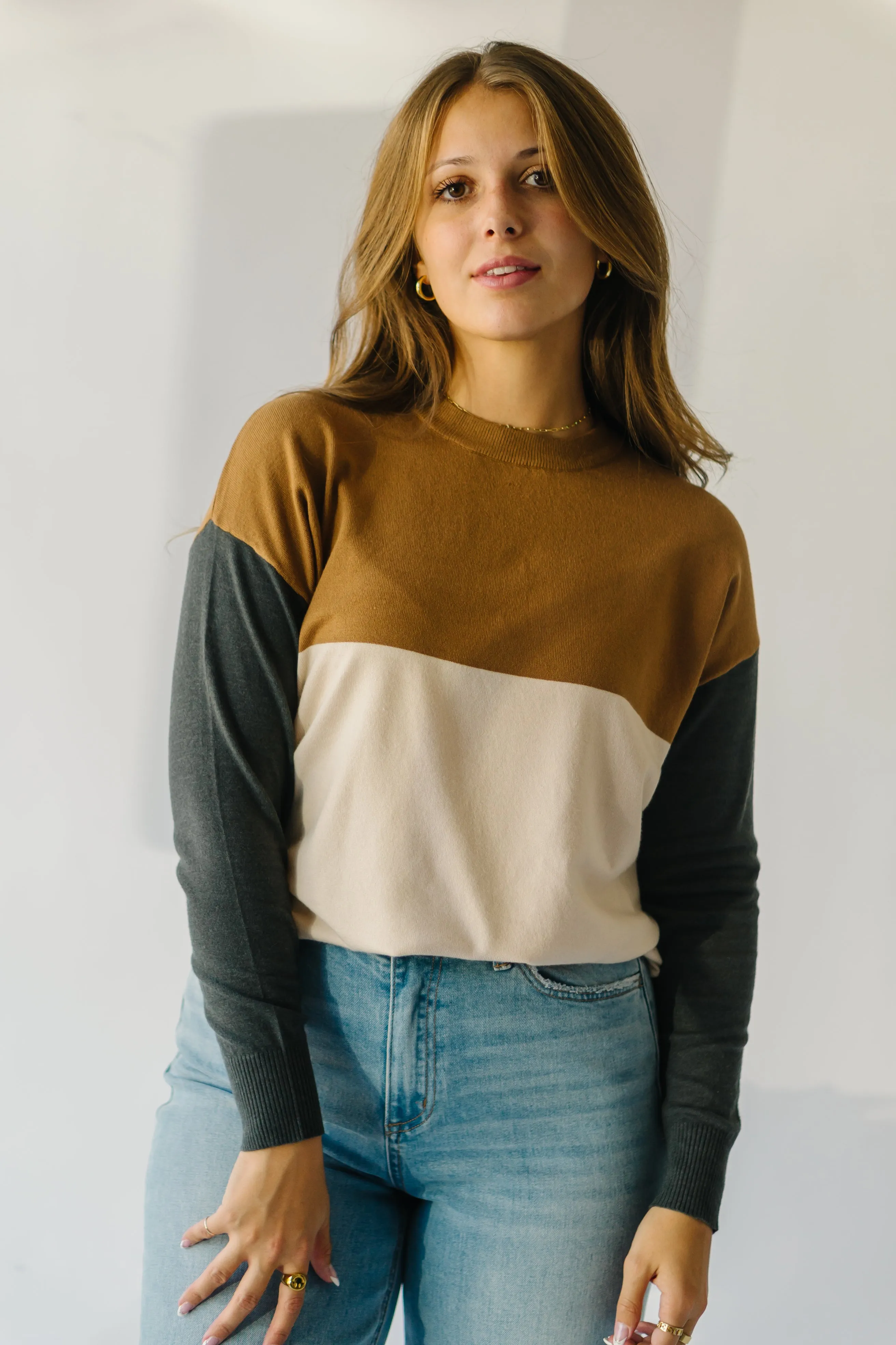 The Goodland Colorblock Sweater in Camel   Charcoal