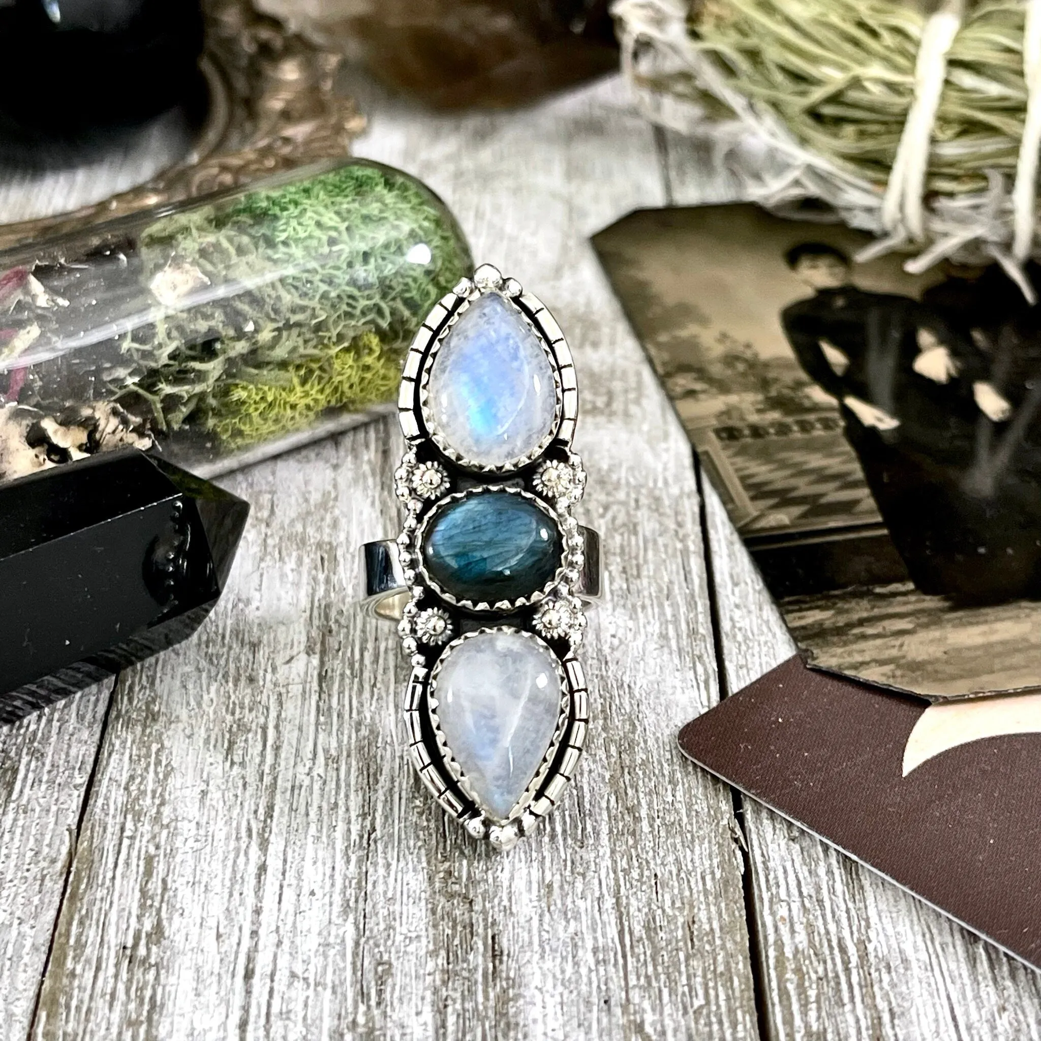 Three Stone Rainbow Moonstone and Labradorite Crystal Ring in Sterling Silver- Designed by FOXLARK Collection Adjustable to Size 6 7 8 9