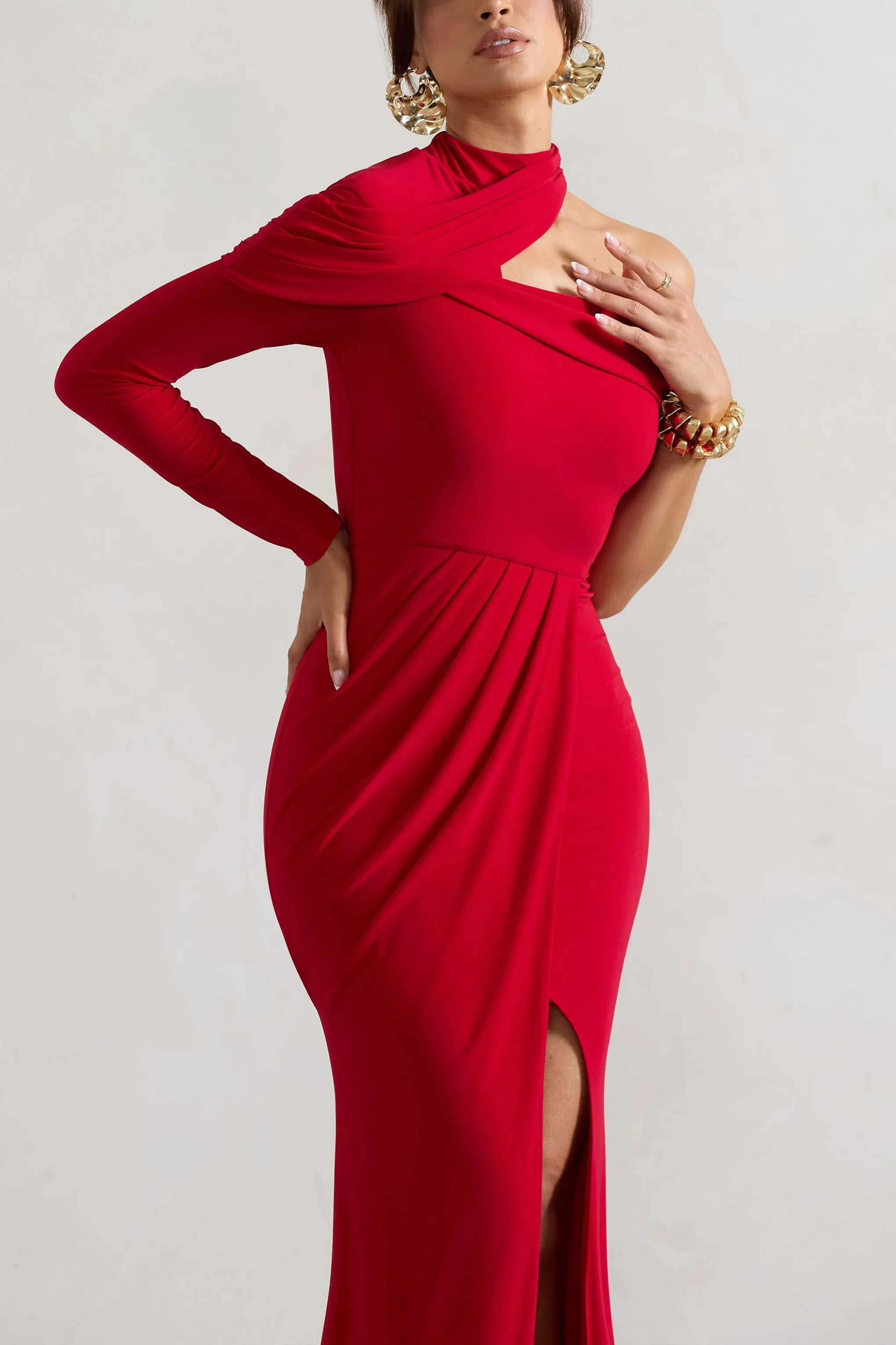 Tyla | Red Asymmetric High-Neck Split Maxi Dress