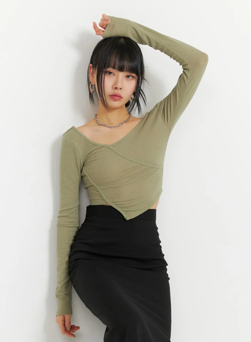 Unbalanced Wrap Cropped Long Sleeve IM414