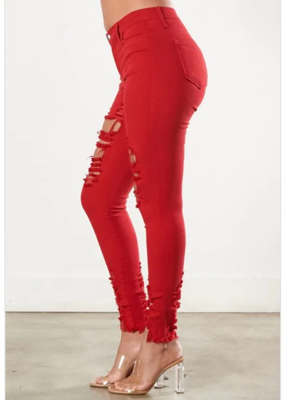 Vibrant Raw Edges Skinny Jeans (Red) P1213