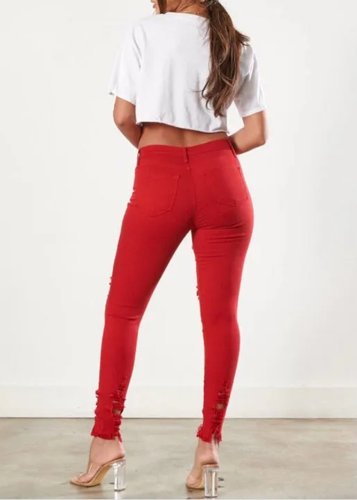 Vibrant Raw Edges Skinny Jeans (Red) P1213