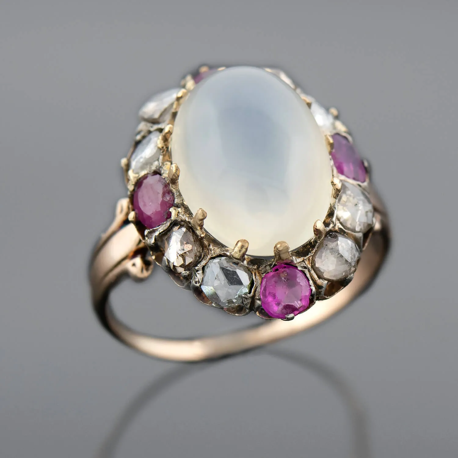 Victorian 18kt/Sterling Moonstone, Ruby   Rose Cut Diamond Cluster Ring