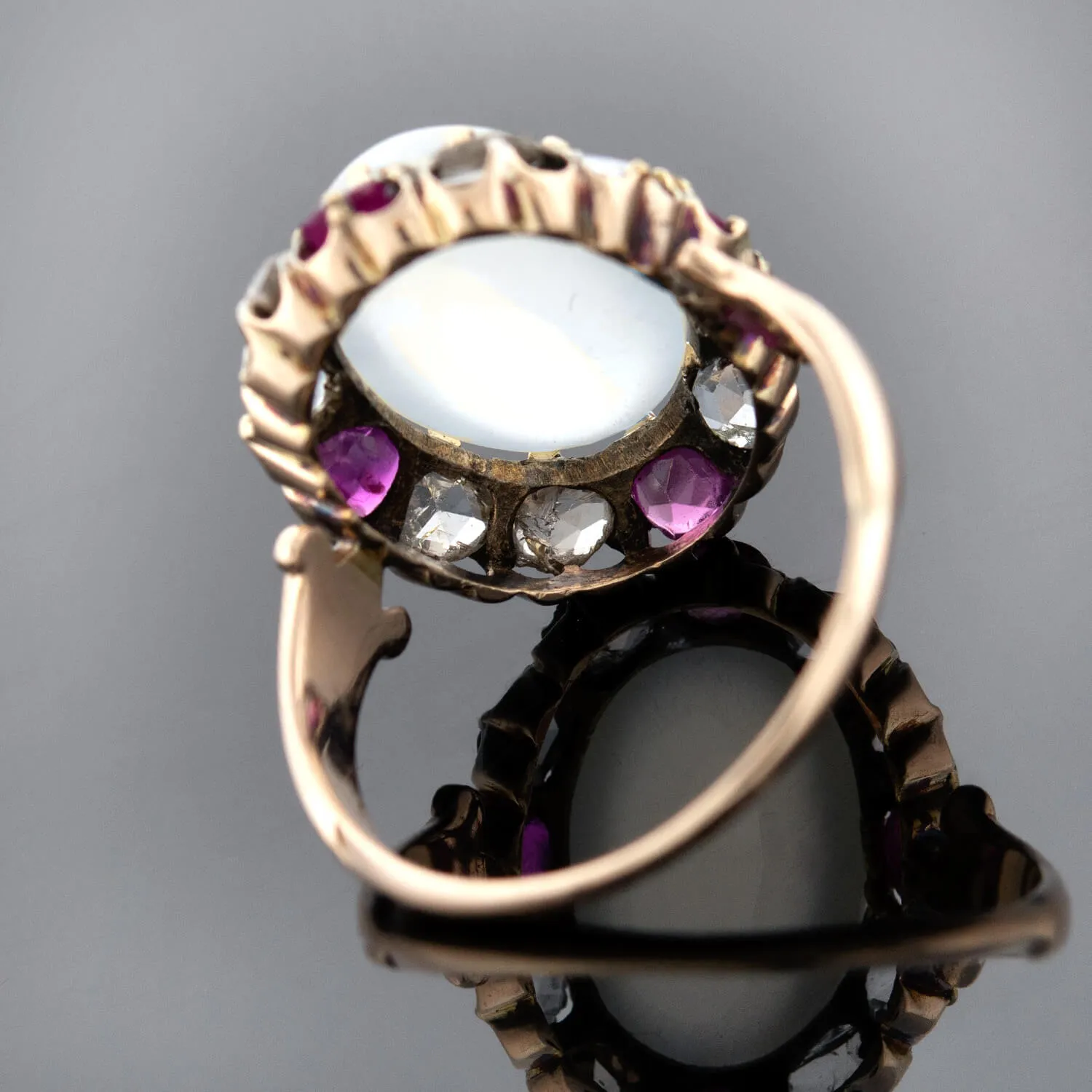 Victorian 18kt/Sterling Moonstone, Ruby   Rose Cut Diamond Cluster Ring