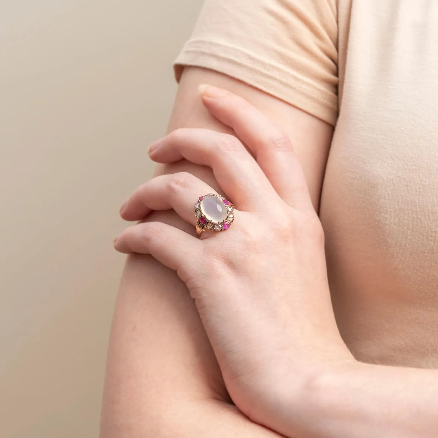 Victorian 18kt/Sterling Moonstone, Ruby   Rose Cut Diamond Cluster Ring