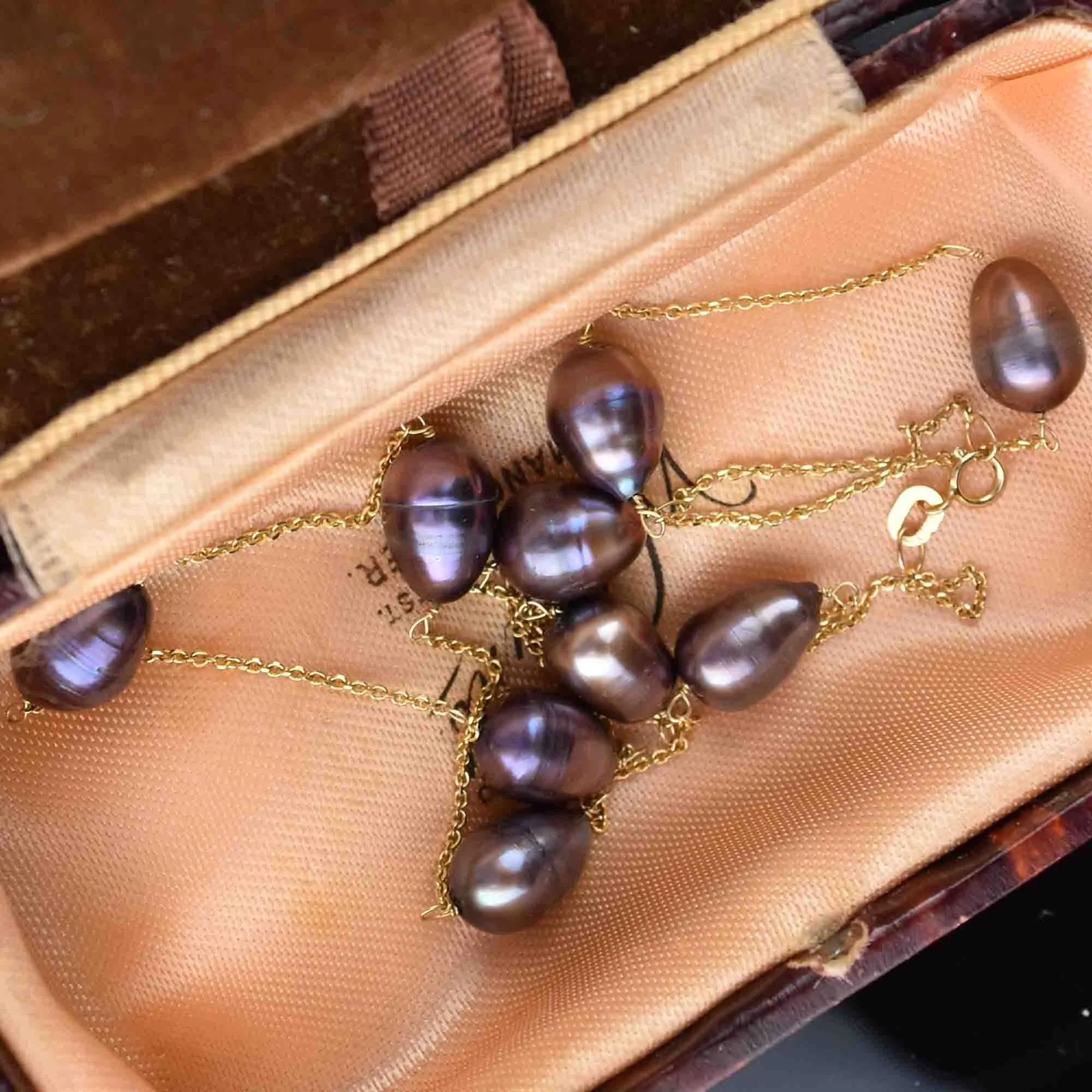 Vintage 14K Gold Black Pearl Tin Cup Necklace