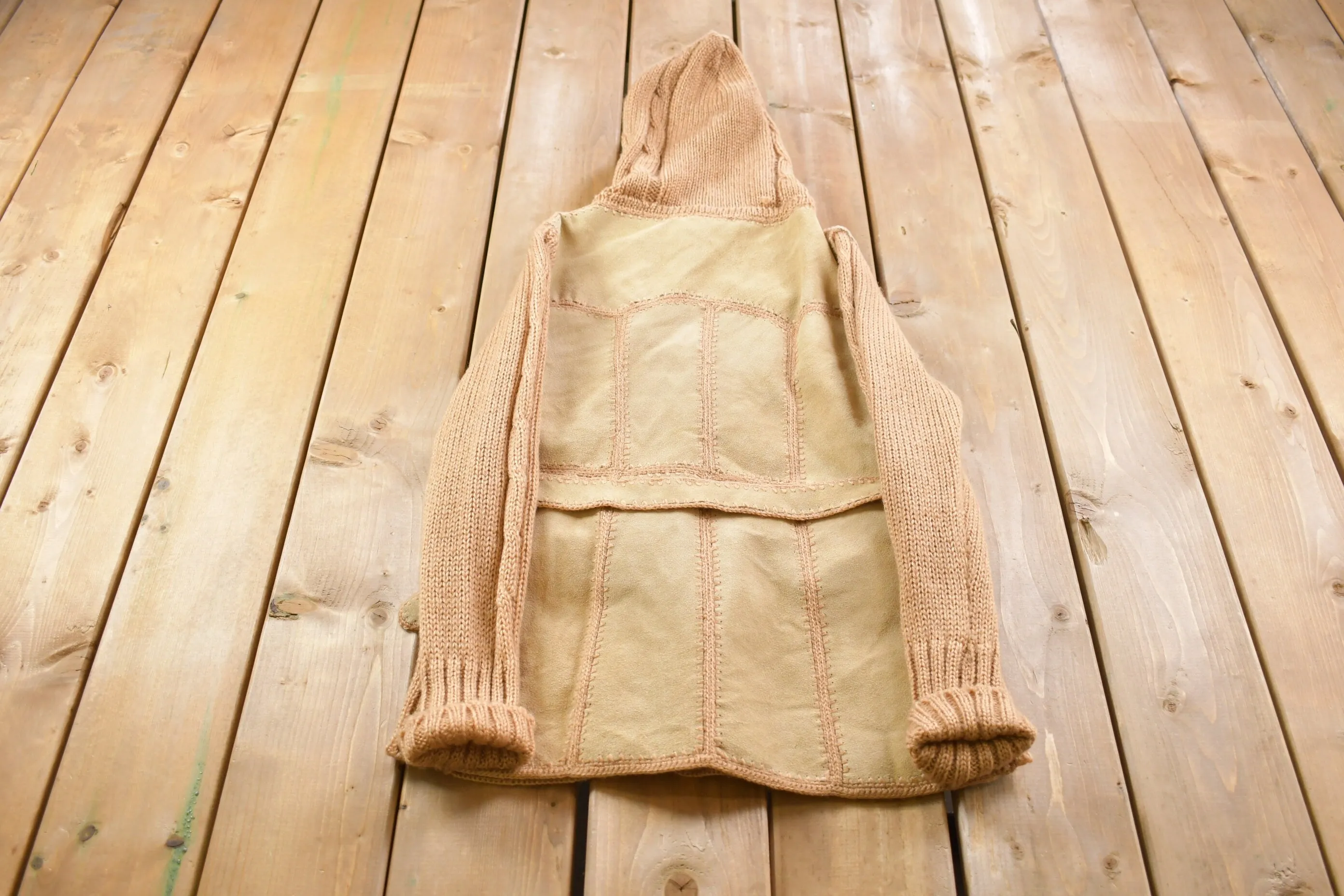 Vintage 1970s Crochet Knit Suede Full length Hooded Light Jacket / Cowhide / Fall Outerwear / True Vintage / Outerwear