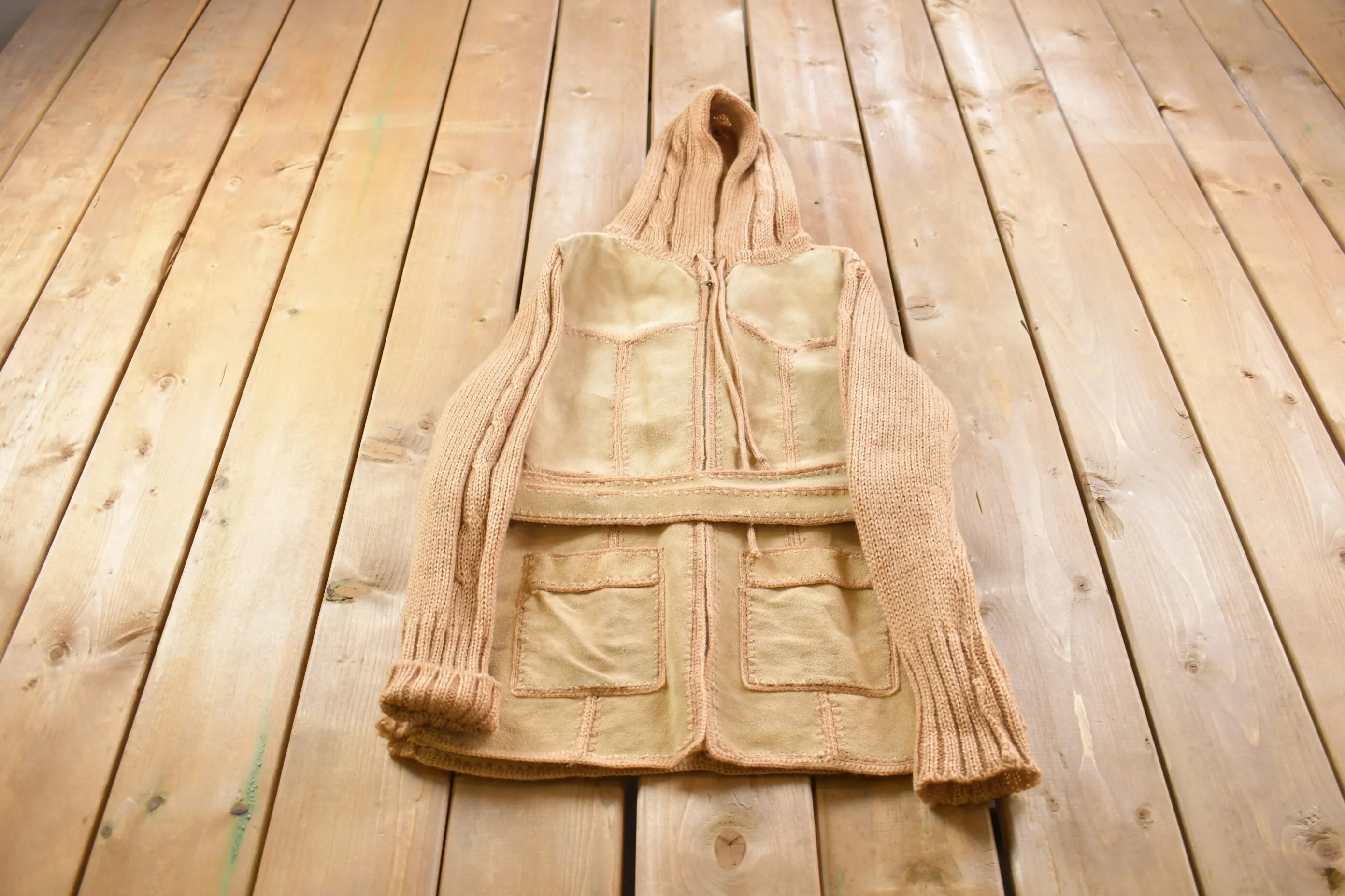 Vintage 1970s Crochet Knit Suede Full length Hooded Light Jacket / Cowhide / Fall Outerwear / True Vintage / Outerwear