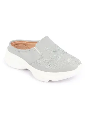 Women Grey Leaf Print Embroidery Design Back Open Slip On Mules Shoes