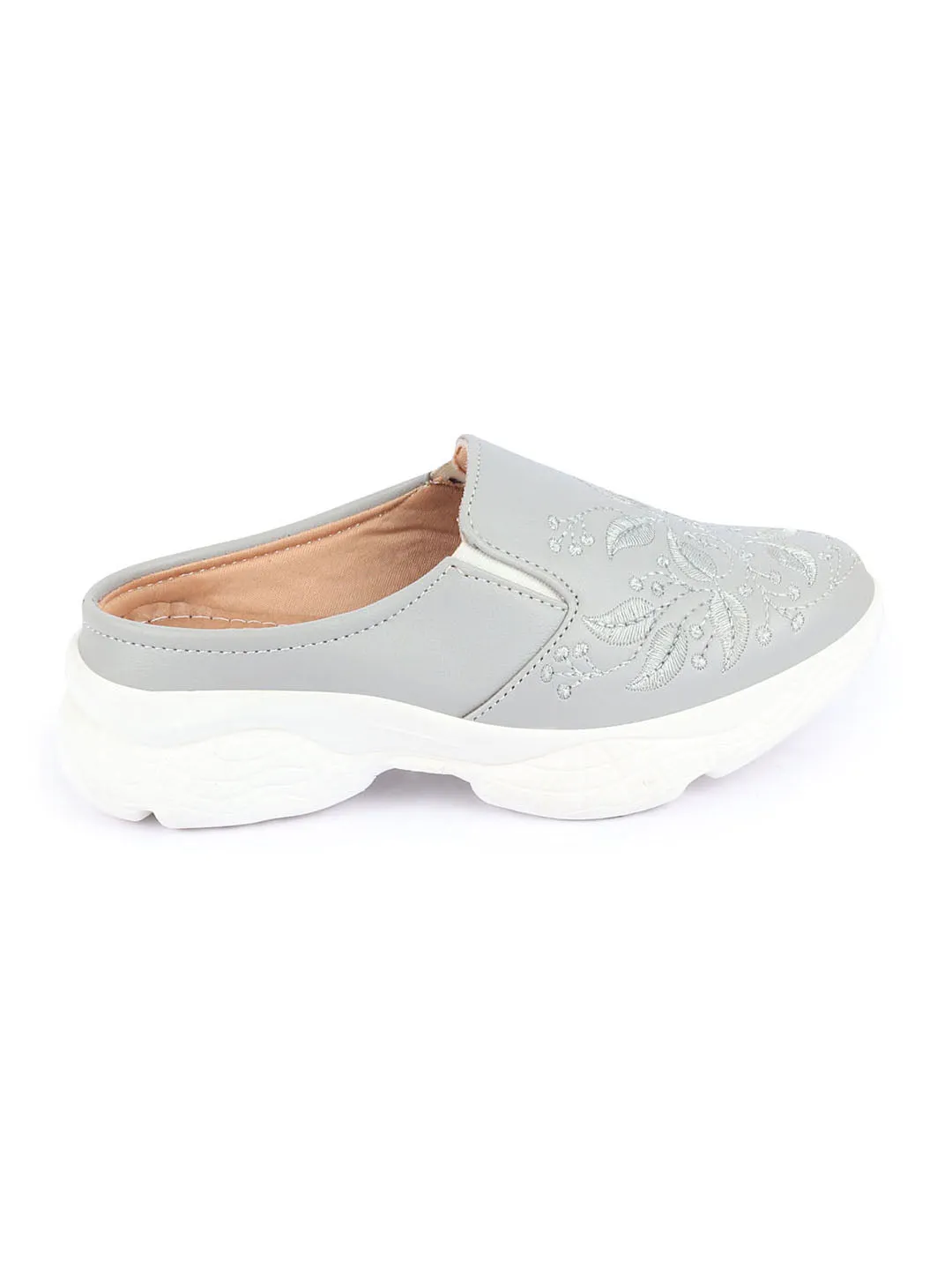 Women Grey Leaf Print Embroidery Design Back Open Slip On Mules Shoes