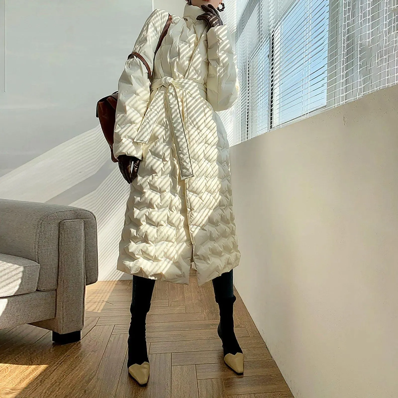 Women Off White Long Down Coat,Quilted Down Puffer Coat,Oversize Down Coat,Warm Puffy Coat,Black Shiny Down Puffer Coat,Long Parka Down Coat