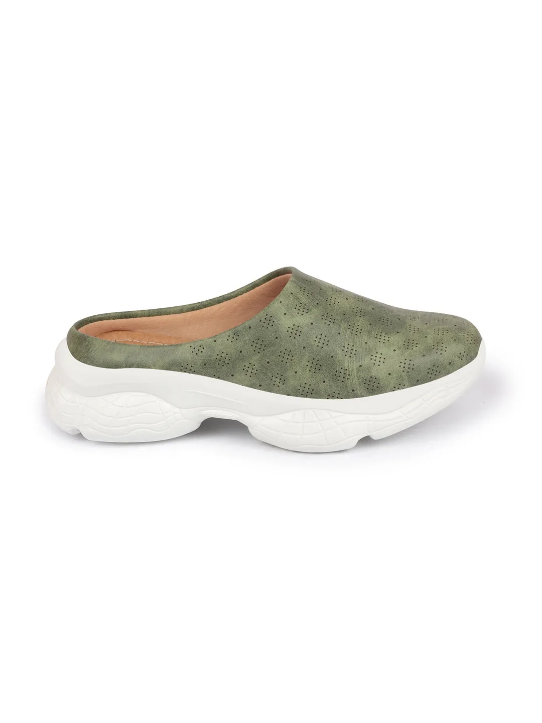 Women Olive Back Open Classic Design Slip On Mules Shoes