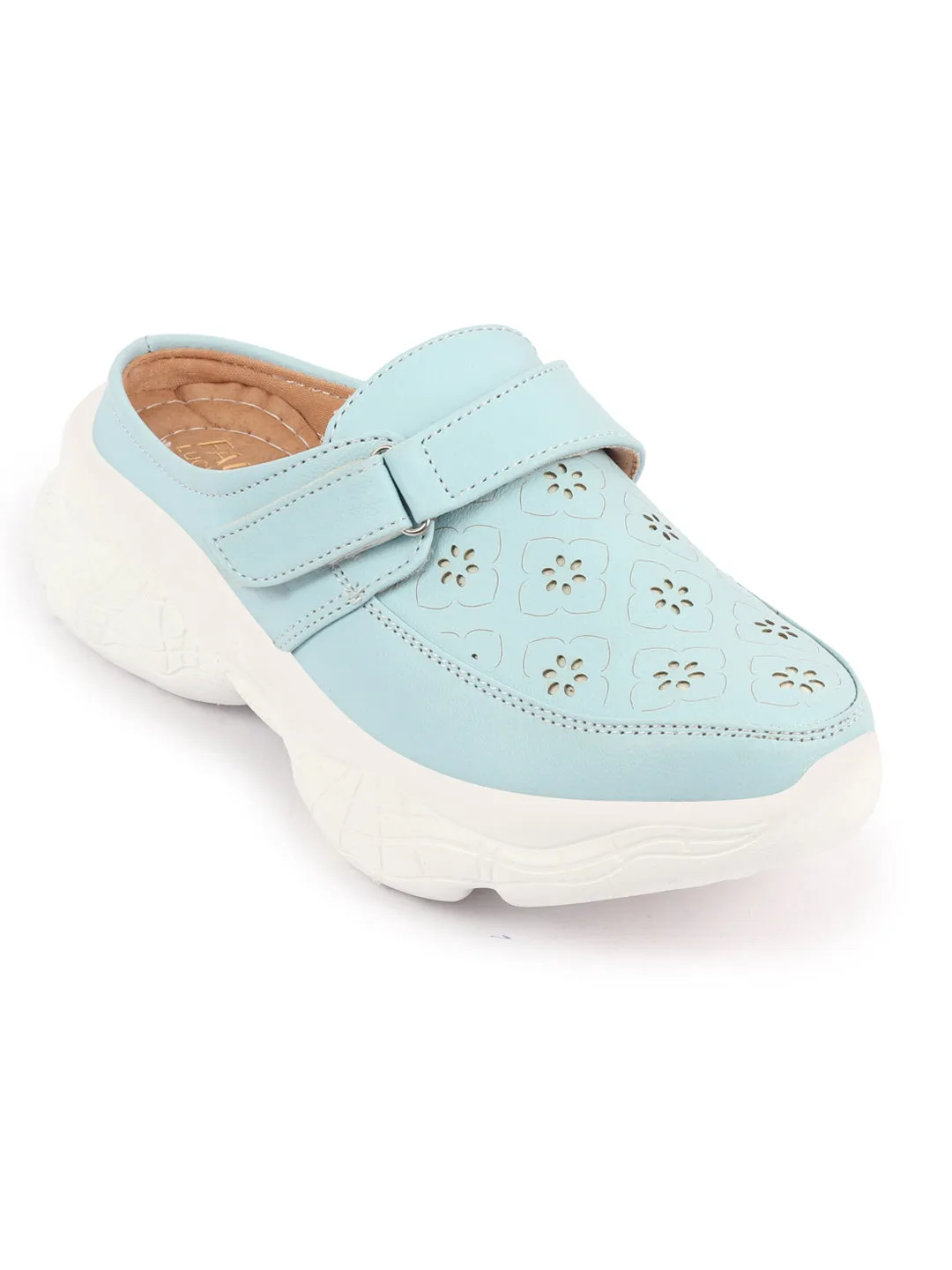 Women Sky Blue Laser Cut Floral Design Hook and Loop Back Open Slip On Mules Shoes