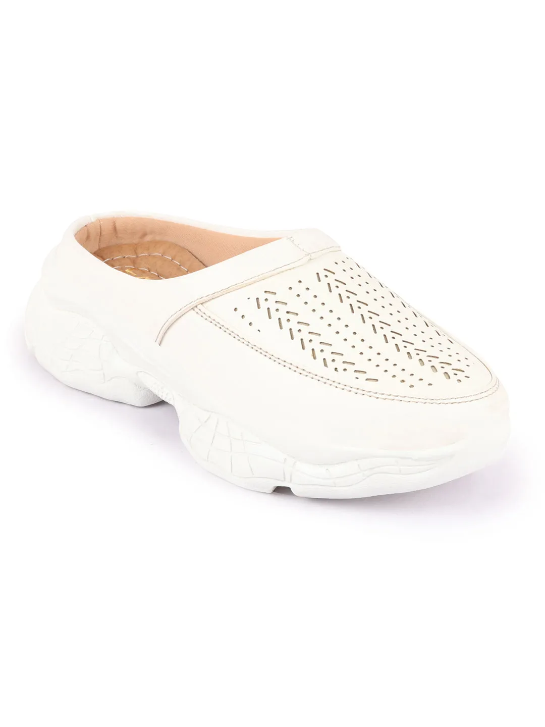 Women White Laser Cut Design Stitched Back Open Slip On Mules Shoes