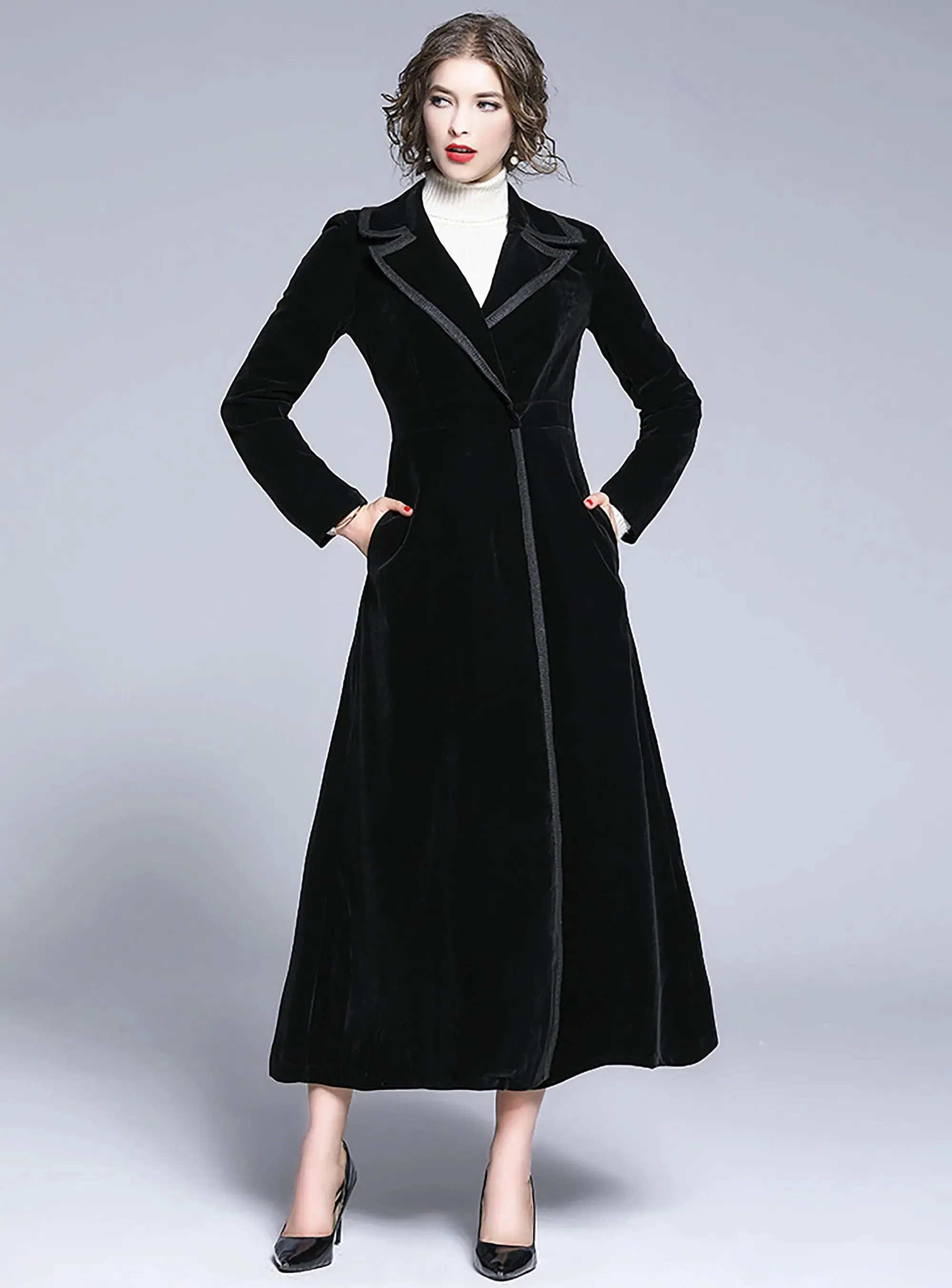 Women Winter Lapel Black Velvet Long Overcoat,Fall Trench Coat,Black Long Maxi Coat,Parka Overcoat Outwear,Blend Coat,overcoat female