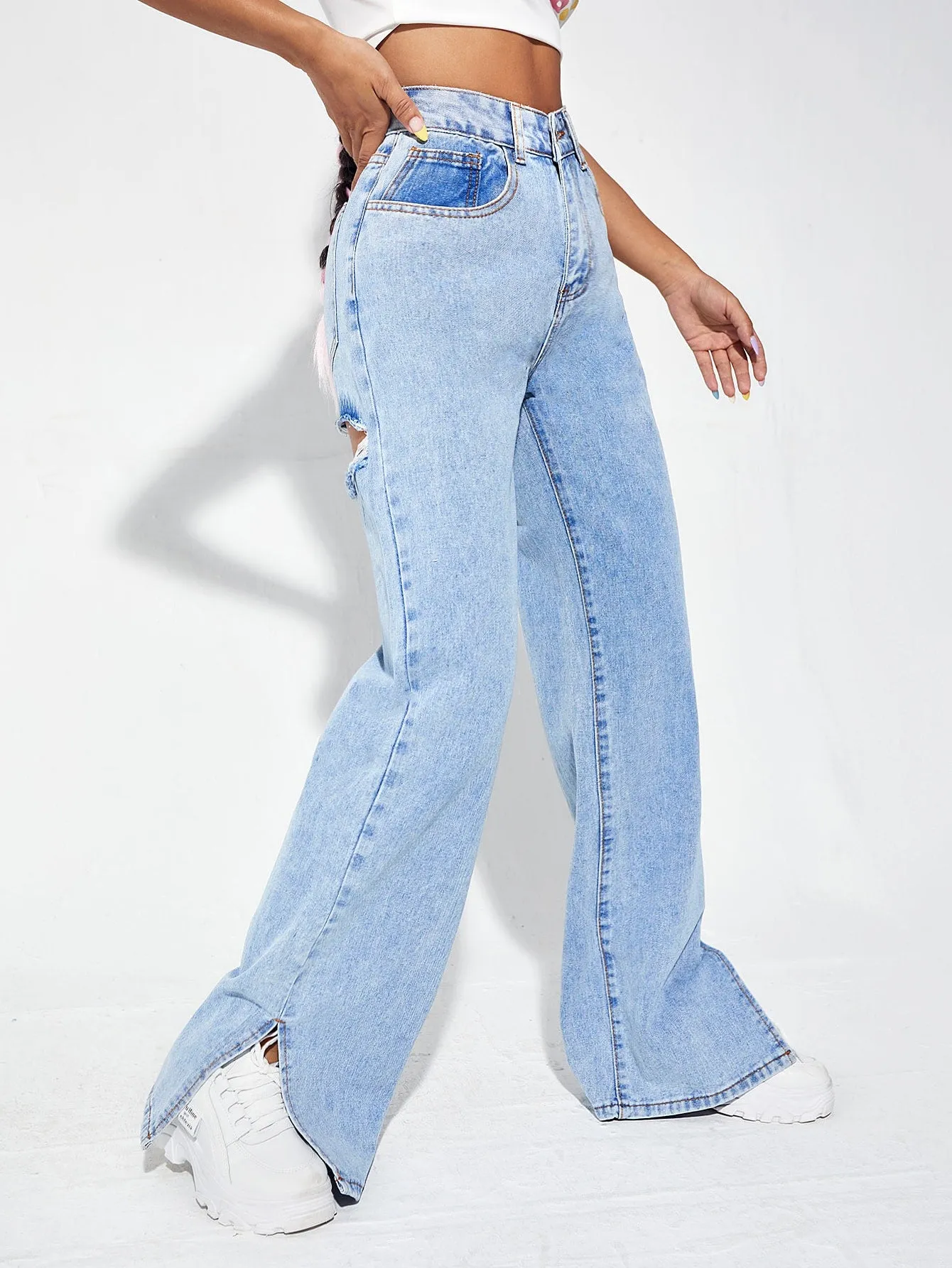 Zipper Fly Ripped Detail Split Hem Wide Leg Jeans