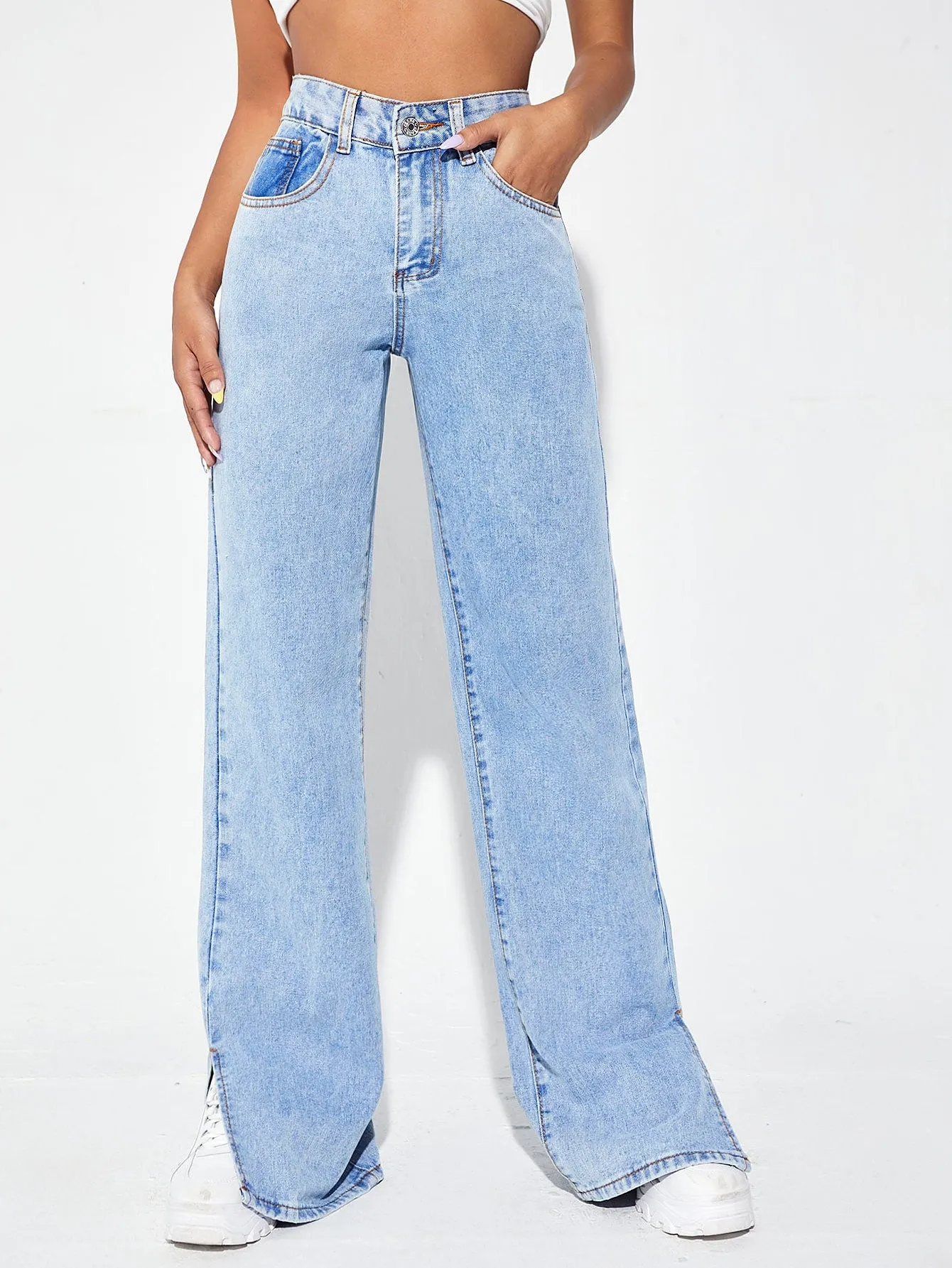 Zipper Fly Ripped Detail Split Hem Wide Leg Jeans