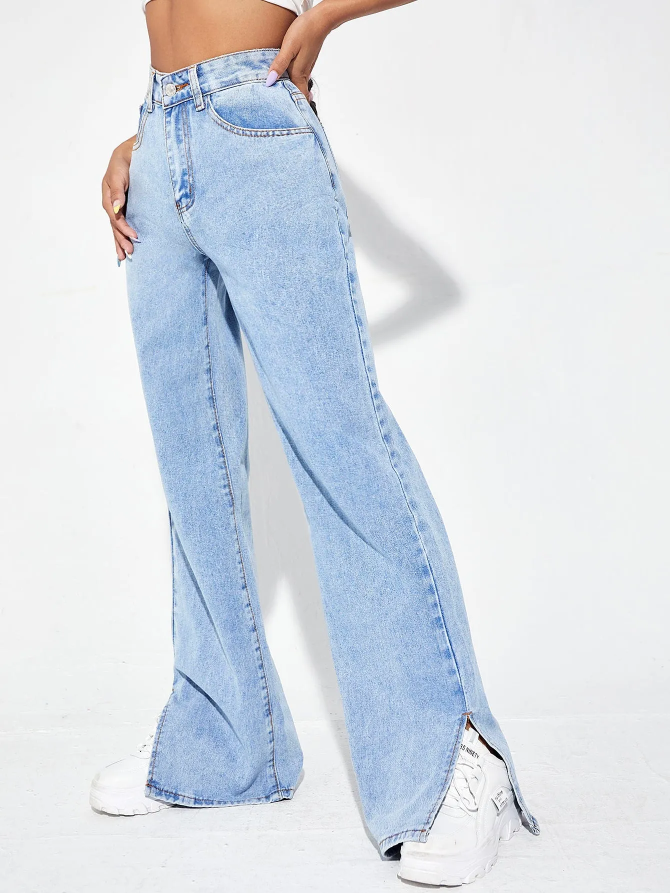 Zipper Fly Ripped Detail Split Hem Wide Leg Jeans